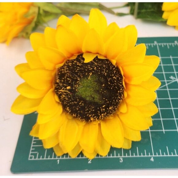 Artificial Sunflowers For Wreath Making 5 Stems With Leaves Yellow & Green 5" Wi - Picture 6 of 11